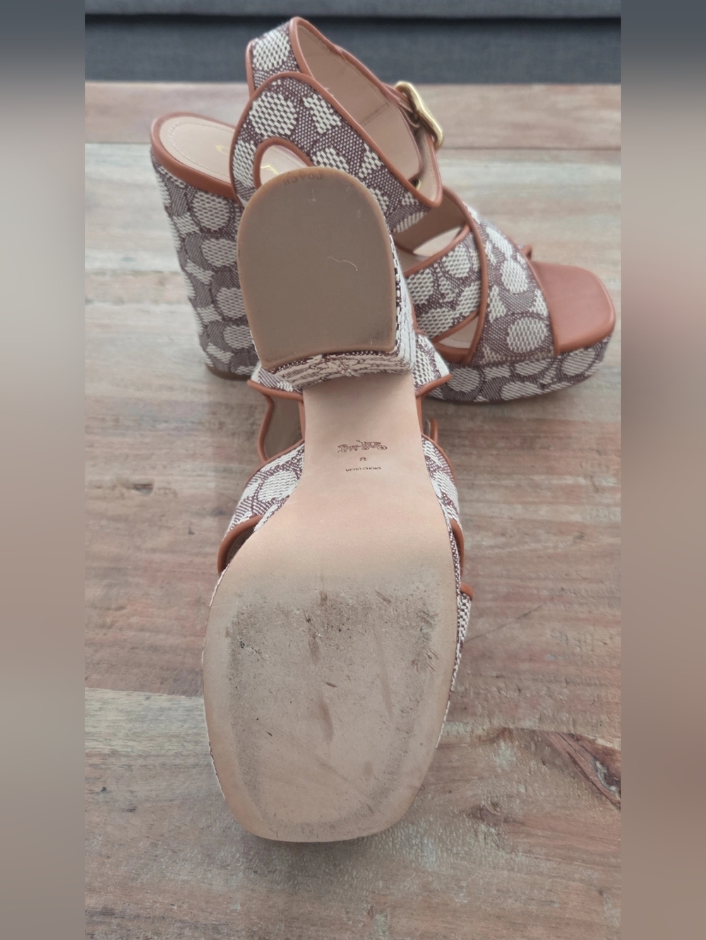 Coach Brown and Cream Signature Platform Block Heel Sandals - Picture 3 of 5